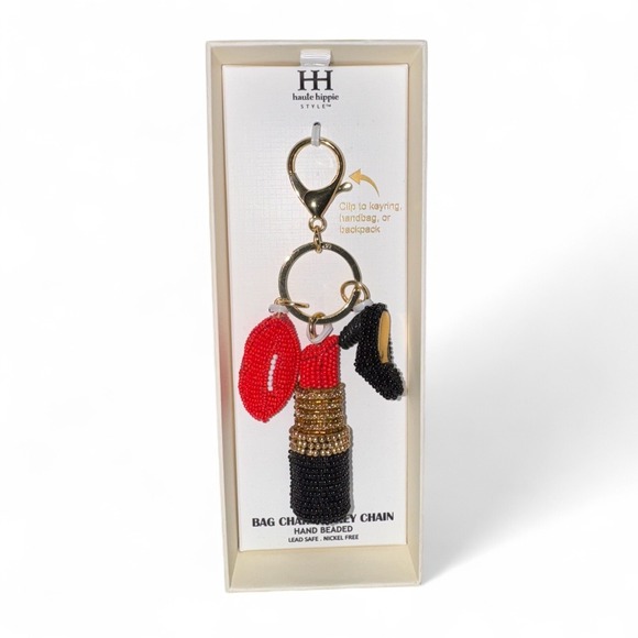 Haute Hippie Style Beaded Lipstick Kiss High Heel Bag Charm Keychain‎ - Picture 2 of 4